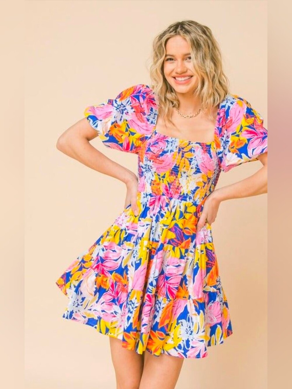 Flying Tomato Size Large Bright Floral Puff Sleeve Smocked Mini Dress